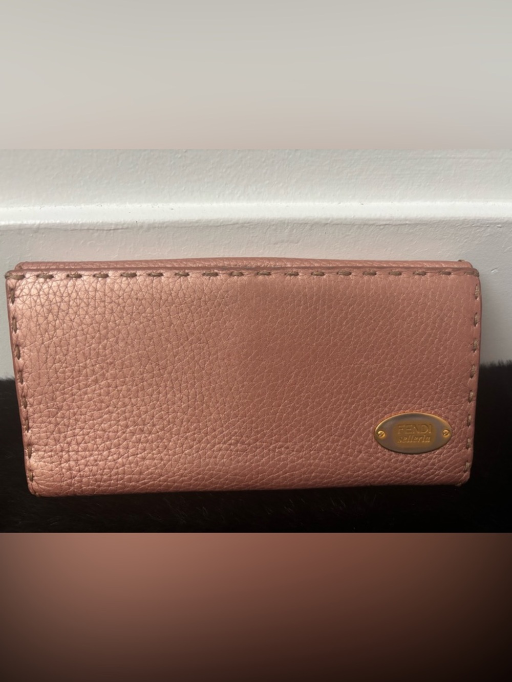 Fendi Pink Pebbled Leather Wallet with Gold Plaque